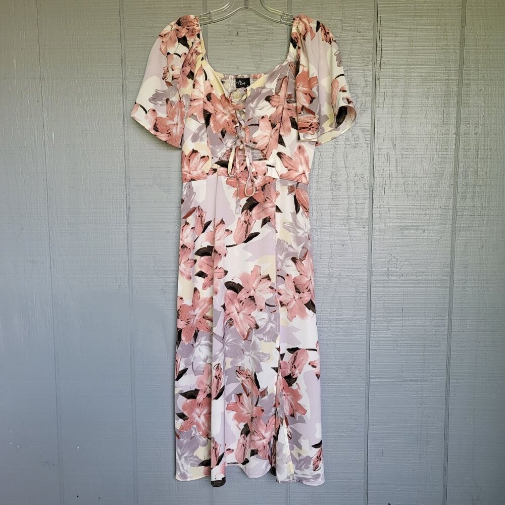 Milk & Honey Floral Print Front Tie Waist Cutout Dress. Size S